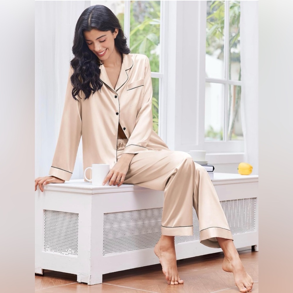 Champagne Women's Classic Button Down Long Pajama Set - Picture 3 of 8